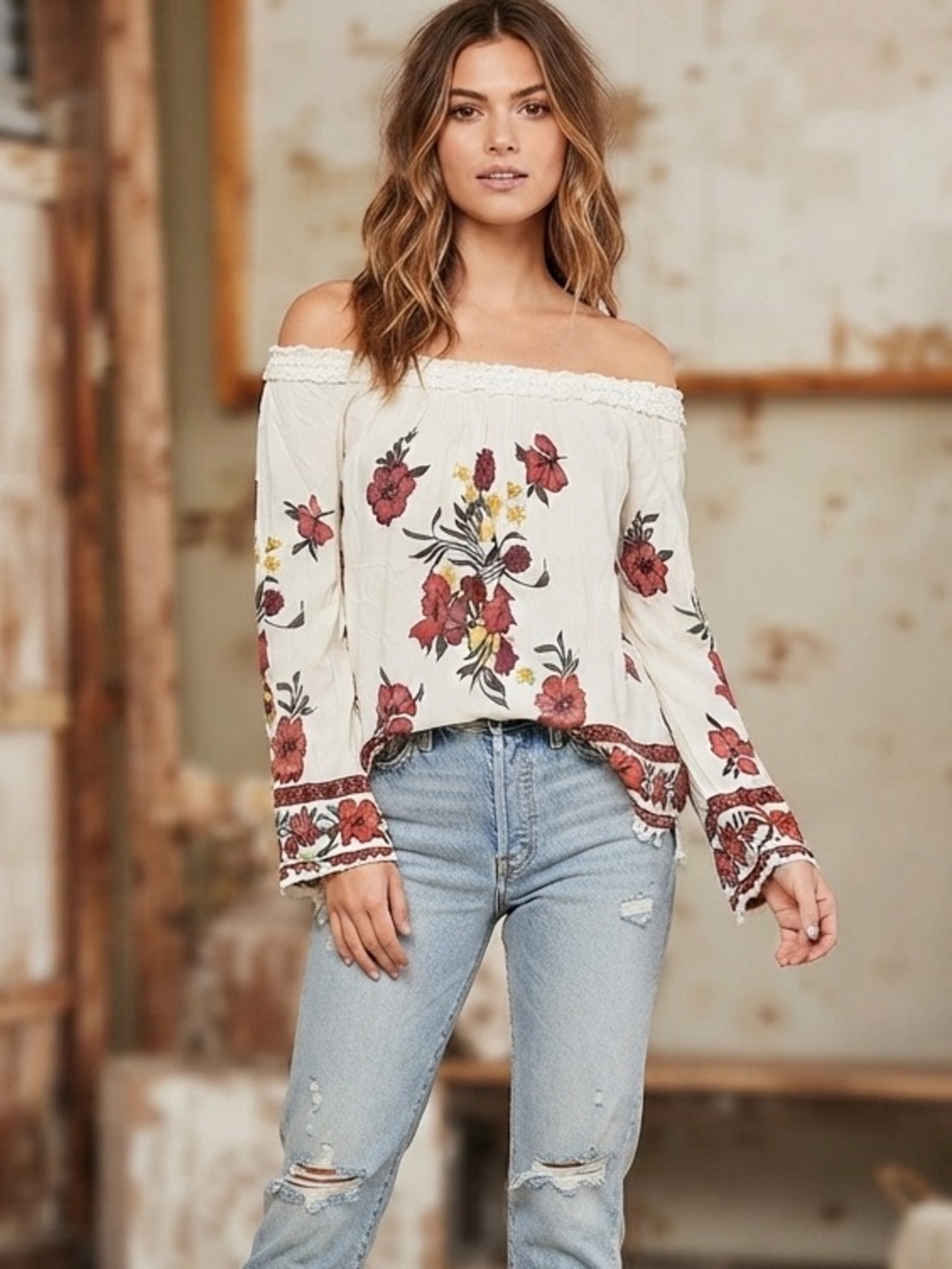 Skylar + Jade Bohemian Floral Off-the-Shoulder Rayon Blouse Size M